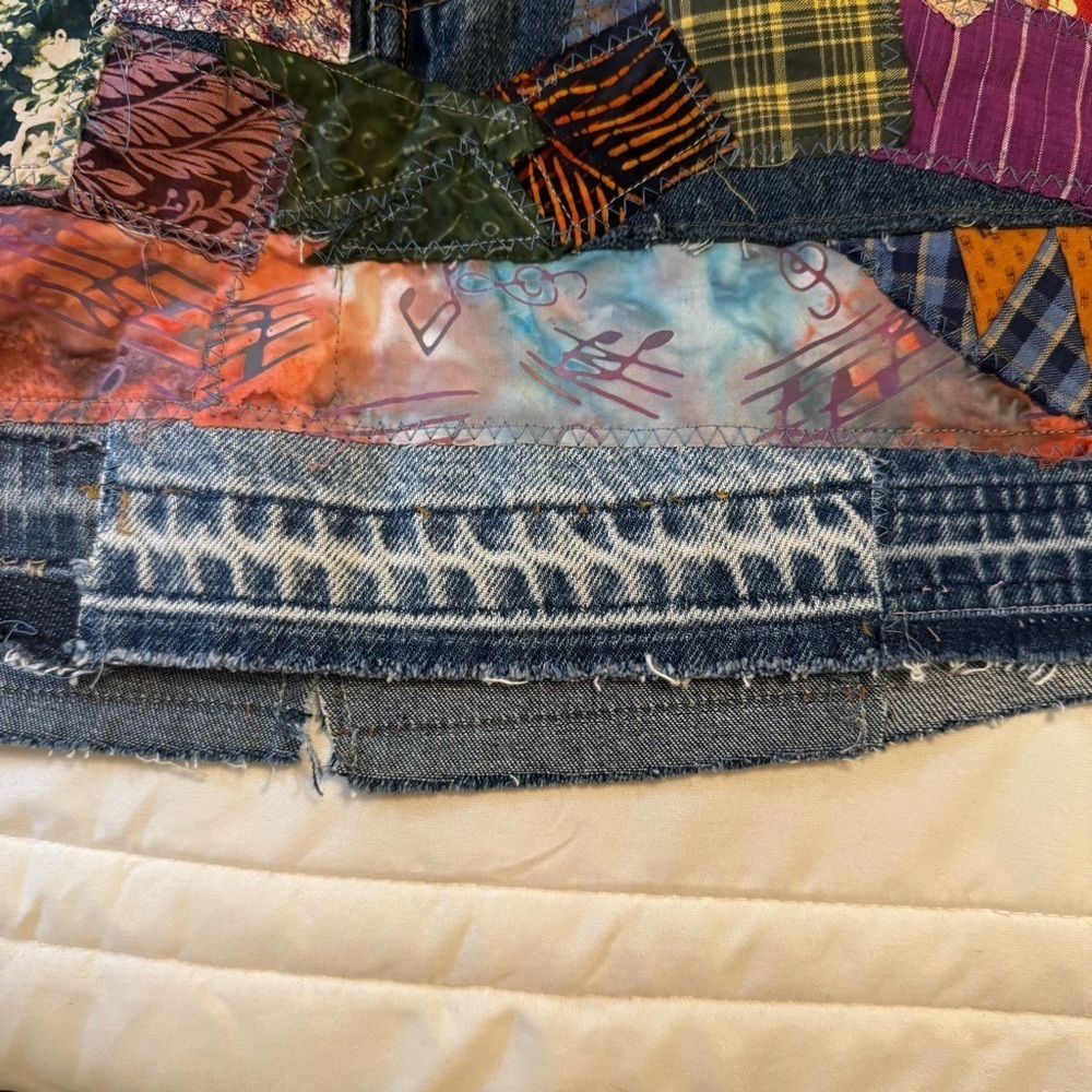 XOXO Boho Upcycled Denim Jean Patchwork Skirt with Vintage 80’s Material Sz 9/10 - Picture 5 of 14
